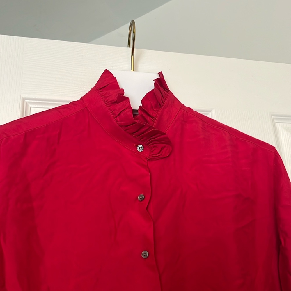 Silk ruffle neck button down